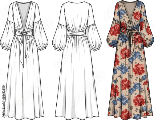 Women's V Neck Maxi Dress Technical Flat Sketch, Long Sleeve Balloon Sleeve Boho Gown Front and Back View, CAD Drawing, Vector Illustration