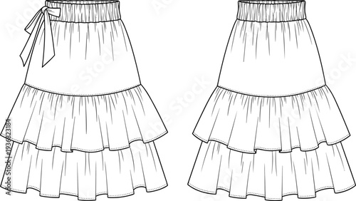 Women's Tiered Mini Skirt Technical Flat Sketch, Elastic Waist Summer Skirt with Side Tie Bow, Front Back View CAD Drawing, Vector Illustration