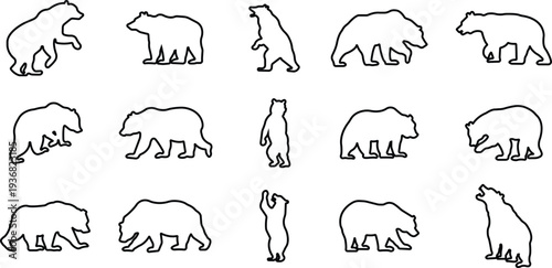 Bear icon set collection group in black line style featuring grizzly, ursus, wildlife, animal silhouette and predator synonym elements for nature design, forest logo branding and graphic use