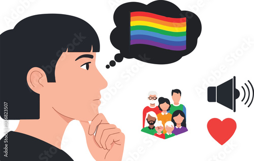 Young person thinking about LGBTQ+ pride, diverse community, and love support concept illustration
