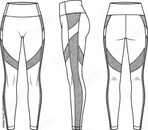 Women's High Waisted Yoga Leggings Technical Flat Sketch, Performance Activewear Pants with Mesh Panels, CAD Drawing, Flat Vector Illustration