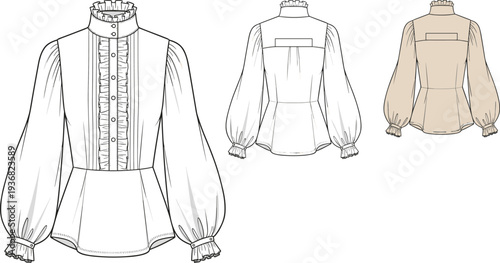 Women's Victorian High Neck Blouse Technical Flat Sketch, Ruffle Collar Frill Button Front Top, Balloon Sleeve CAD Drawing, Vector Illustration