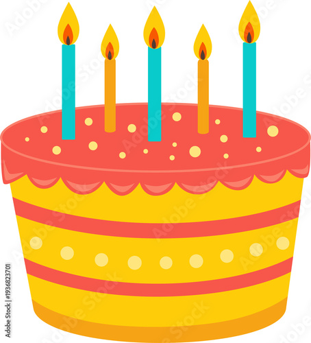 Happy birthday chocolate cake vector illustration with pink cream icing and lit candles for a sweet party celebration dessert