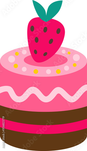 Delicious pink birthday cake with strawberries and cream vector illustration featuring chocolate decoration for a sweet celebration dessert design