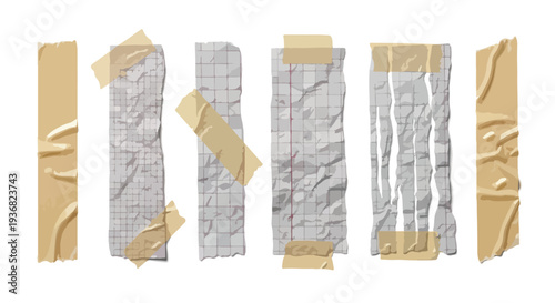 Set of 7 Realistic Crumpled Paper and Masking Tape Pieces Vector