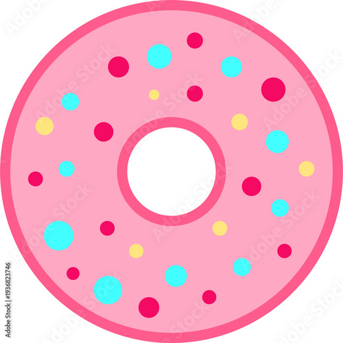 Colorful cartoon food illustration of a pink donut design with flower decoration on a white or blue palette background featuring vector art pattern elements