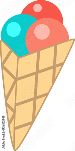 A delicious cartoon illustration of a sweet vanilla and chocolate ice cream cone, a frozen strawberry ice cream icon, and a tasty wafer waffle dessert on a stick