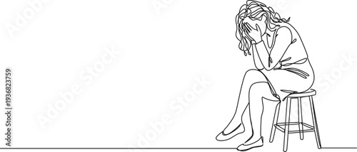 continuous line drawing of woman covering face with hands crying, line art vector illustration