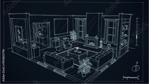 2D Architectural Hand Sketch of Living Room Interior Blueprint on Dark Background
