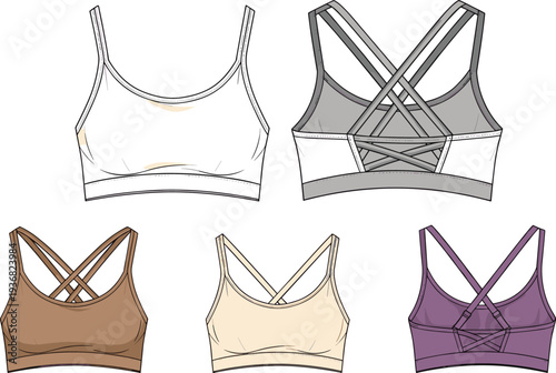 Strappy Sports Bra Technical Flat Sketch Set, Women’s Activewear Front and Back Views, Crisscross Back Yoga Top CAD Drawing, Vector Illustration