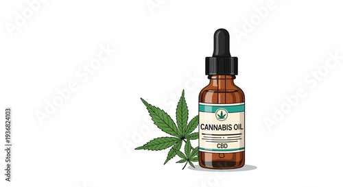 Glass dropper bottle of organic cannabis oil labeled as CBD placed next to green hemp leaves representing natural wellness and medicine.