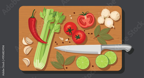 Overhead view of a wooden chopping board with fresh ingredients like tomatoes celery garlic chili and lime ready for healthy meal preparation.