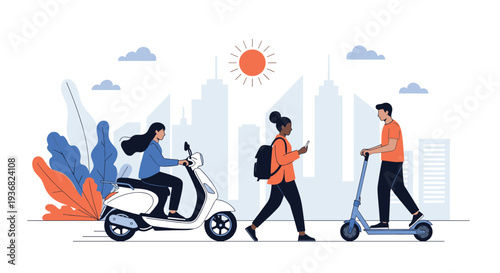 Urban commuters using various transportation methods including a white scooter walking and an electric kick scooter in a modern city.