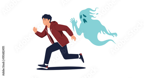 Terrified young man in a red hoodie running away from a spooky blue ghost in a dynamic illustration of fear and halloween themes.