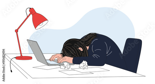 Overworked woman sleeping on her desk next to a laptop and crumpled paper under a red lamp light illustrating fatigue and work stress.