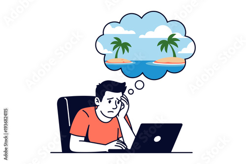 Laptop illustration of a man daydreaming about a tropical island getaway