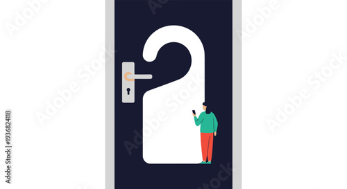 Conceptual illustration of a small woman standing near a giant white door hanger on a dark background symbolizing privacy and travel.
