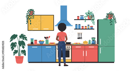 Back view of a woman cooking at a stove in a bright and colorful kitchen filled with many green houseplants and modern appliances.