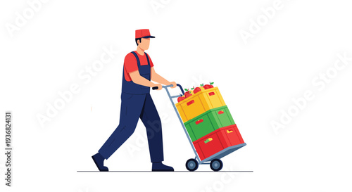 Male delivery worker in a red cap and blue overalls pushing a hand trolley loaded with several crates of fresh red apples.