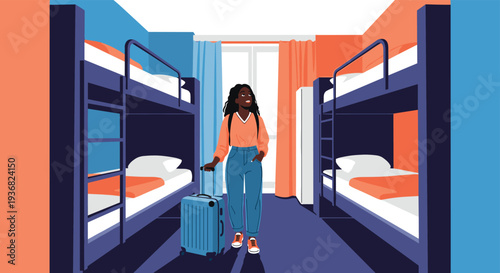 Young woman standing with a blue suitcase in a modern hostel dormitory with several blue and orange bunk beds near a bright window.