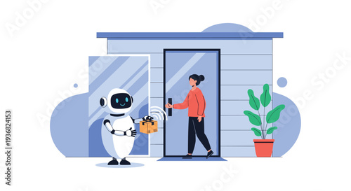 Futuristic scene showing a friendly white delivery robot handing a package to a woman standing at her front door in a modern neighborhood.