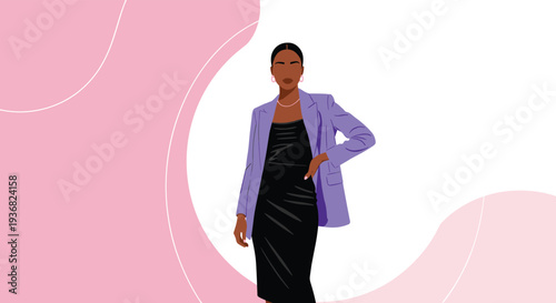 Elegant black woman posing confidently in a stylish purple blazer and a long black dress against a soft pink abstract background.