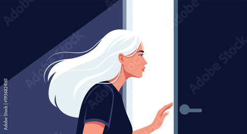 Profile view of a woman with long white hair opening a door into a bright white light from a dark room symbolizing transition and discovery.
