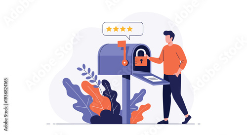 Man placing an envelope with a secure padlock icon into a purple mailbox to illustrate secure communication and privacy protection.