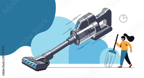 Woman cleaning with a modern cordless vacuum cleaner and a clock symbol illustrating efficient household chores and time management.