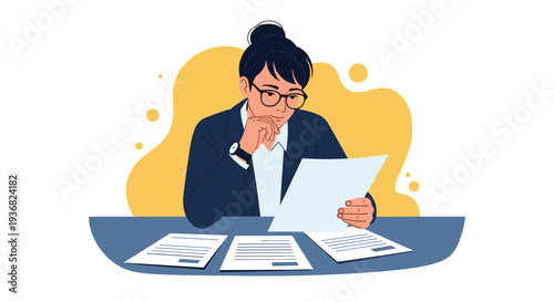 Professional woman with glasses concentrating on reviewing important paper documents at a desk against a warm yellow abstract background.