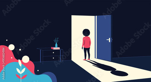 Silhouetted woman standing in an open doorway with a long dramatic shadow falling into a dark room representing transition and unknown.