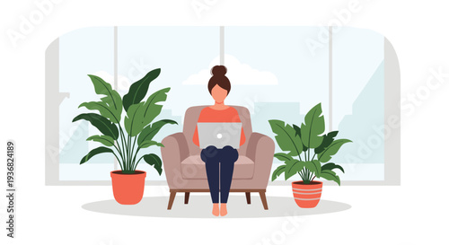 Peaceful woman working on her laptop while sitting in a comfortable armchair surrounded by large green plants in a bright room.