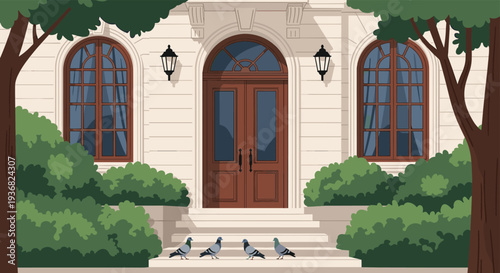 Four pigeons standing on white steps in front of a grand house entrance with a brown double door, arched windows, and lush garden bushes.