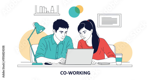 Young man and woman sitting at a desk together and looking at a laptop screen in a bright co-working space with large text at the bottom.