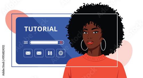 Stylish African American woman with a large afro and hoop earrings in front of a blue digital tutorial interface with various functional icons.