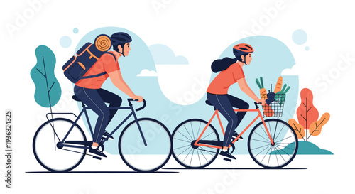 Man with a backpack and a woman with a basket of groceries cycling together on a path with trees and clouds in the soft blue background.