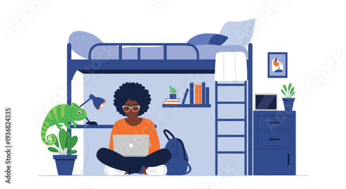 Person with an afro working on a laptop while sitting on the floor under a loft bed in a blue room with a pet chameleon and green plants.