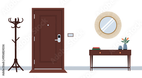 Modern hallway interior featuring a dark brown door with a smart lock, a round sunburst mirror, and a small wooden console table with decor.