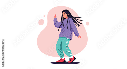 Young woman with long black hair wearing a purple sweatshirt and teal pants dancing happily against an abstract pink and white background.