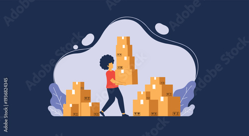 Strong woman with an afro carrying a very tall stack of brown cardboard boxes in a warehouse or delivery setting with blue leafy plants.