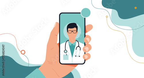 Hand holding a smartphone displaying a male doctor in a white coat with a stethoscope for a telemedicine or remote medical consultation.