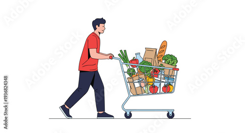 Smiling man in a red shirt and dark pants pushing a grocery cart overflowing with various fresh vegetables, fruits, and bread from a store.