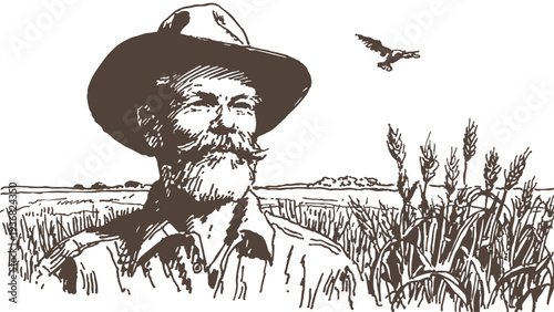 Bearded farmer portrait wheat field rural heritage. Agricultural man standing near crops with bird flying. Rustic hand illustrated pencil sketch drawing style, banner for farming publications.
