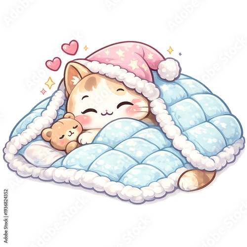 cozy chibi cat snuggling under blanket, cute chibi cat under blanket illustration, kawaii cat cozy bedtime mascot, adorable kitten snuggling in blanket, chibi kitty cozy sleep art, pastel cozy cat doo