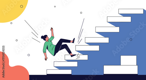 Dramatic illustration of a woman falling backwards down a flight of white stairs against a background of abstract blue and orange shapes.