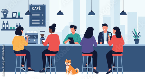 Diverse group of people sitting at a cafe bar using phones and laptops with a small shiba inu dog sitting on the floor in the center area.