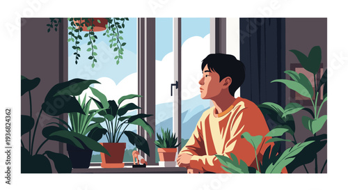 Young person in an orange sweater looking out of a window at a beautiful mountain landscape surrounded by many lush green indoor plants.
