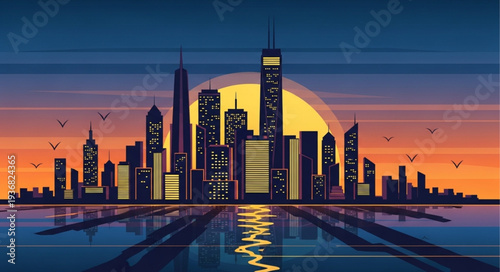 Modern City Skyline with Skyscrapers and Reflection.
