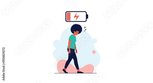 Exhausted woman with an afro hair walking slowly with a slumped posture under a large red low battery icon representing burnout or fatigue.