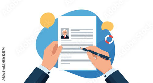 Top down view of a person hands holding a pen and filling out a professional resume document on a blue and white abstract background theme.